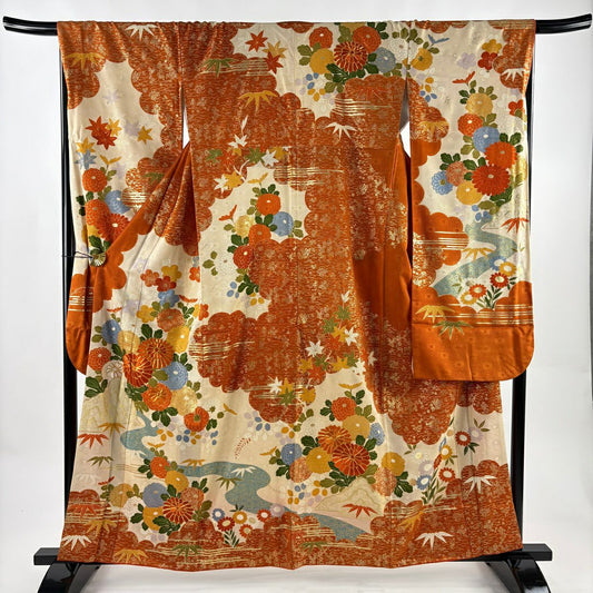 振袖禮服 身長159.5cm 袖長67cm M 雙層 菊花 雲紋 金絲 金銀彩 橙色 純蠶絲 名品級