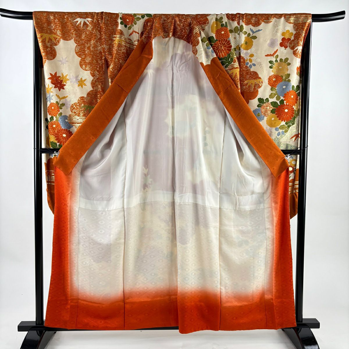 振袖禮服 身長159.5cm 袖長67cm M 雙層 菊花 雲紋 金絲 金銀彩 橙色 純蠶絲 名品級