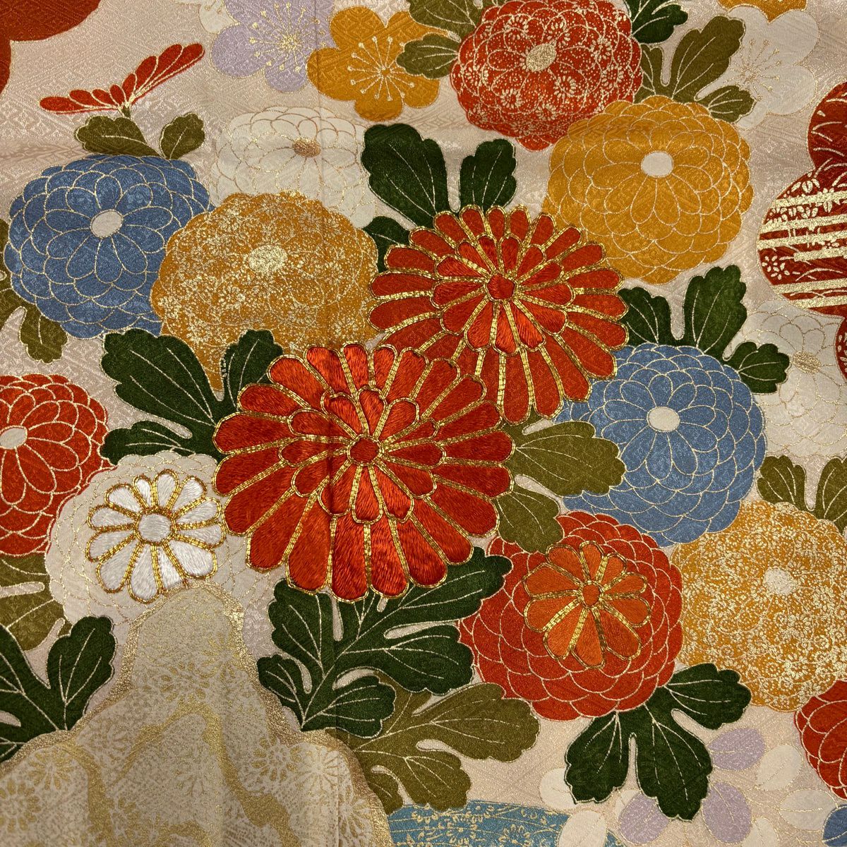 振袖禮服 身長159.5cm 袖長67cm M 雙層 菊花 雲紋 金絲 金銀彩 橙色 純蠶絲 名品級