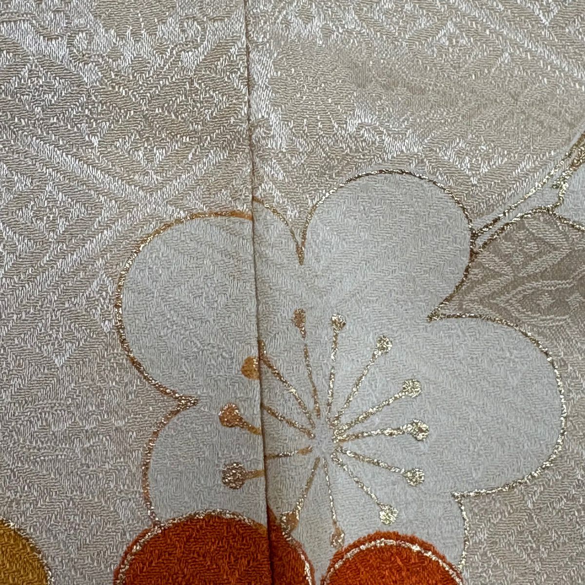 振袖禮服 身長159.5cm 袖長67cm M 雙層 菊花 雲紋 金絲 金銀彩 橙色 純蠶絲 名品級