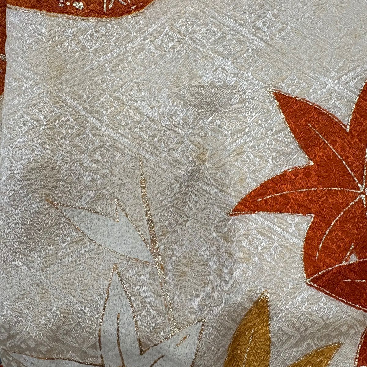 振袖禮服 身長159.5cm 袖長67cm M 雙層 菊花 雲紋 金絲 金銀彩 橙色 純蠶絲 名品級