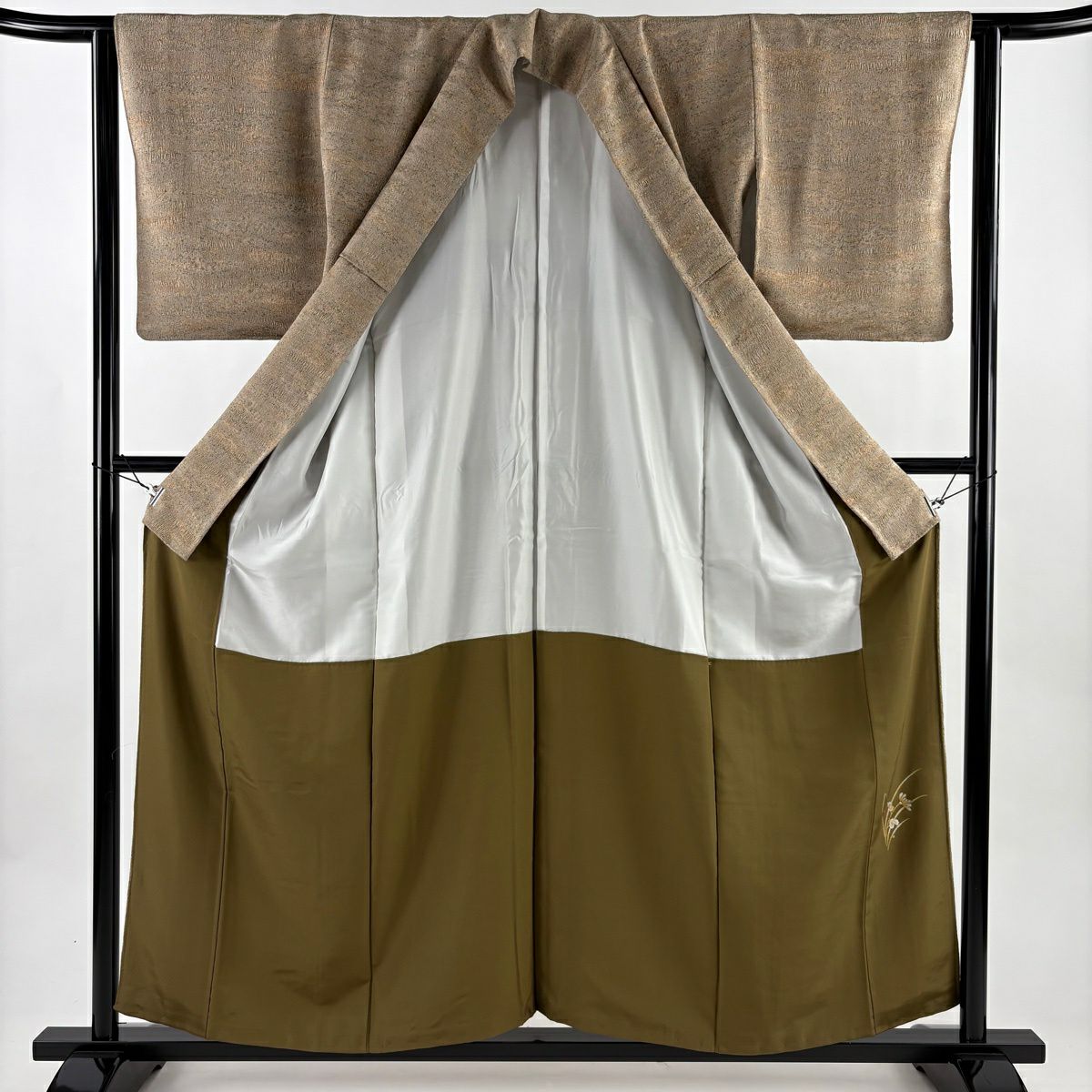 【美品】 小紋 身長157cm 袖長62.5cm S 雙層 陶彩染 幾何學圖案 灰茶 純蠶絲 秀品級