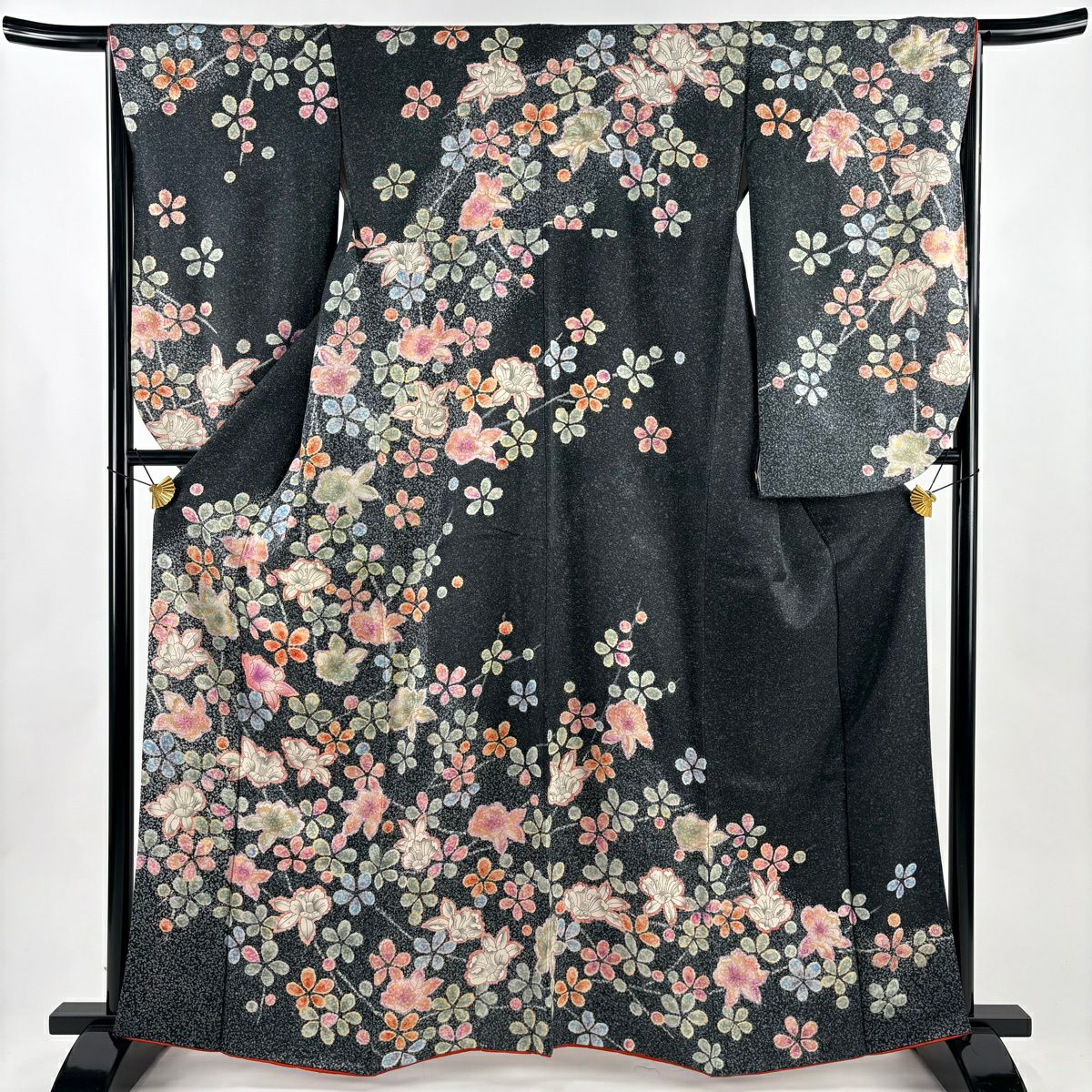 【美品】振袖禮服 身長162cm 袖長66cm M 雙層 草花紋紋 金銀彩 墨 純蠶絲 秀品級