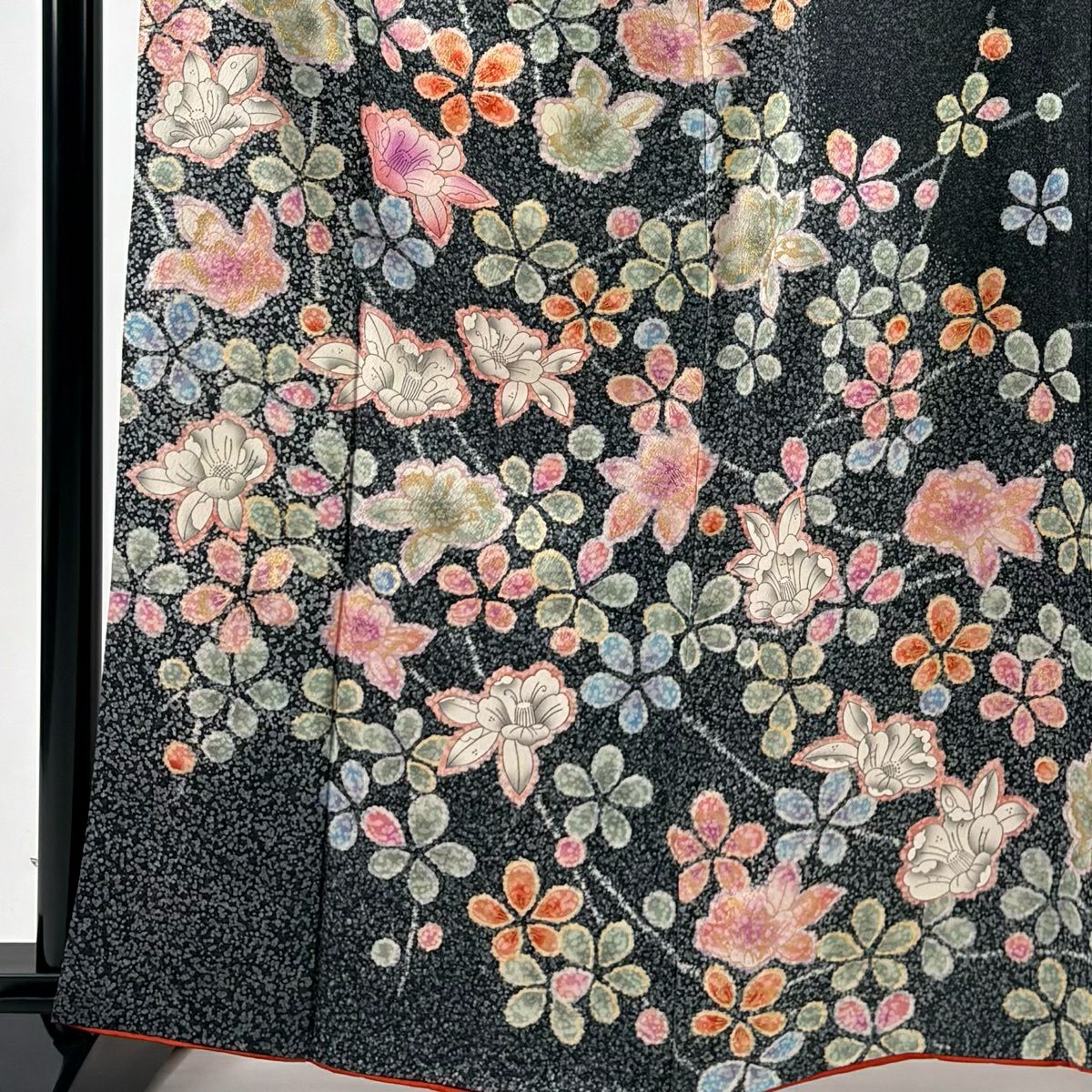 【美品】振袖禮服 身長162cm 袖長66cm M 雙層 草花紋紋 金銀彩 墨 純蠶絲 秀品級