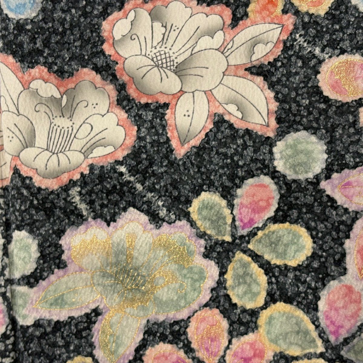 【美品】振袖禮服 身長162cm 袖長66cm M 雙層 草花紋紋 金銀彩 墨 純蠶絲 秀品級