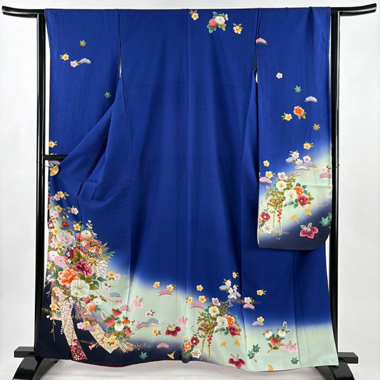 【美品】振袖禮服 身長162cm 袖長64cm M 雙層 鞠 草花紋 金彩裝飾 漸層 青紫 純蠶絲 秀品級