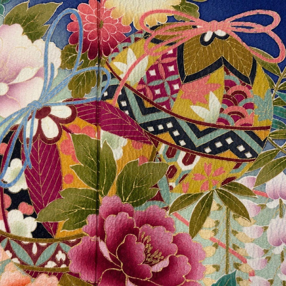 【美品】振袖禮服 身長162cm 袖長64cm M 雙層 鞠 草花紋 金彩裝飾 漸層 青紫 純蠶絲 秀品級