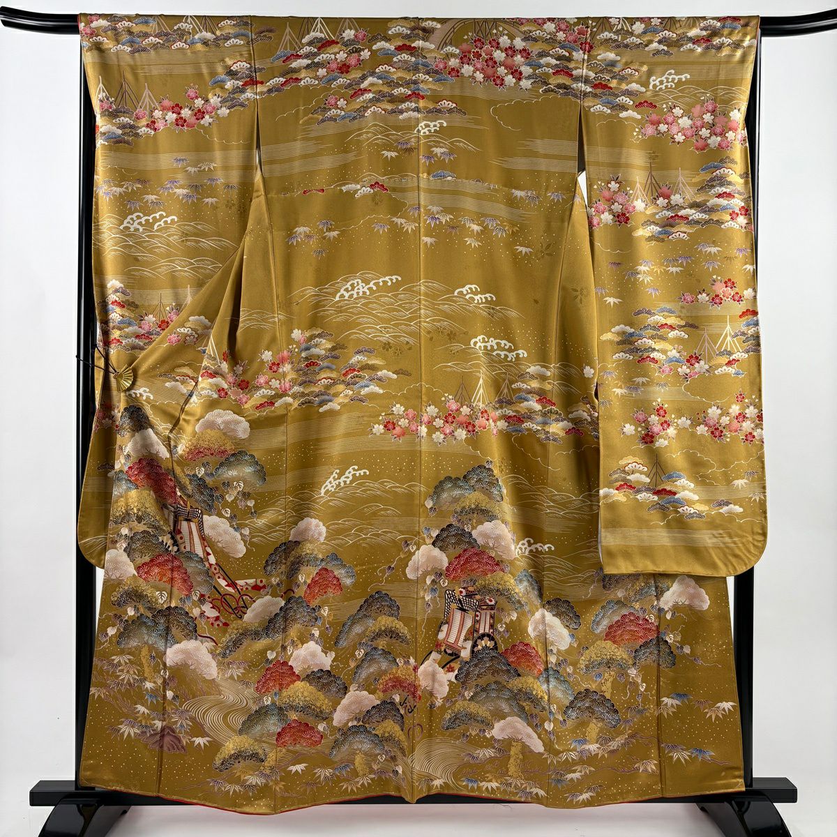 【美品】振袖禮服 身長160cm 袖長66.5cm M 雙層 御所車 松樹竹子梅花 金銀彩 山吹茶 純蠶絲 秀品級