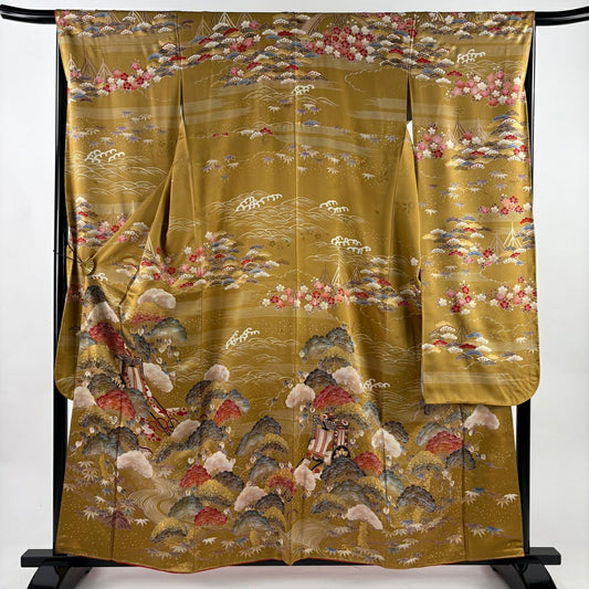 【美品】振袖禮服 身長160cm 袖長66.5cm M 雙層 御所車 松樹竹子梅花 金銀彩 山吹茶 純蠶絲 秀品級
