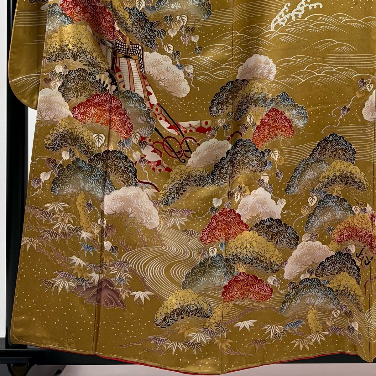 【美品】振袖禮服 身長160cm 袖長66.5cm M 雙層 御所車 松樹竹子梅花 金銀彩 山吹茶 純蠶絲 秀品級