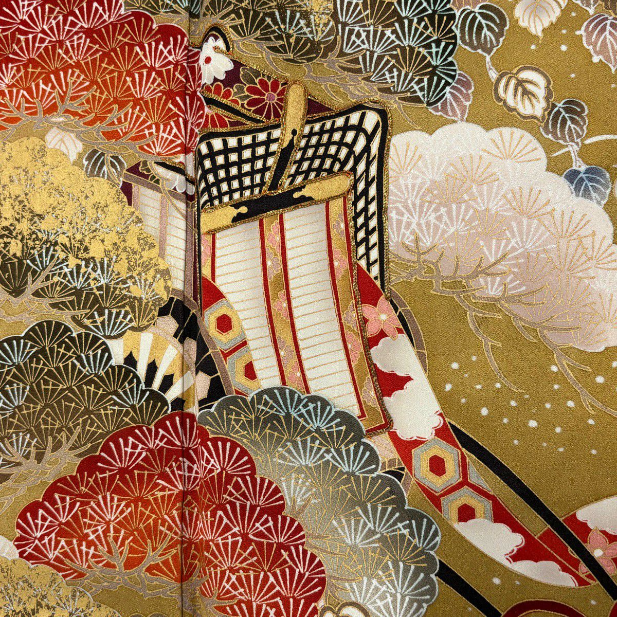 【美品】振袖禮服 身長160cm 袖長66.5cm M 雙層 御所車 松樹竹子梅花 金銀彩 山吹茶 純蠶絲 秀品級