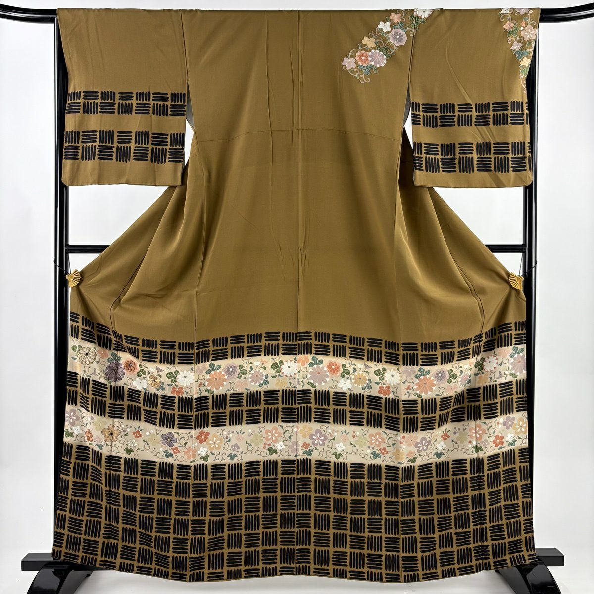 訪問服 身長163cm 袖長66cm M 雙層 花唐草紋 幾何圖案 刺繡 金銀彩 茶 純蠶絲 優品級