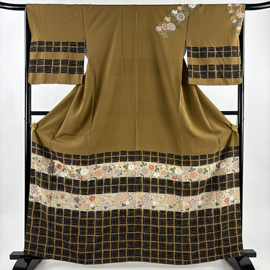 訪問服 身長163cm 袖長66cm M 雙層 花唐草紋 幾何圖案 刺繡 金銀彩 茶 純蠶絲 優品級