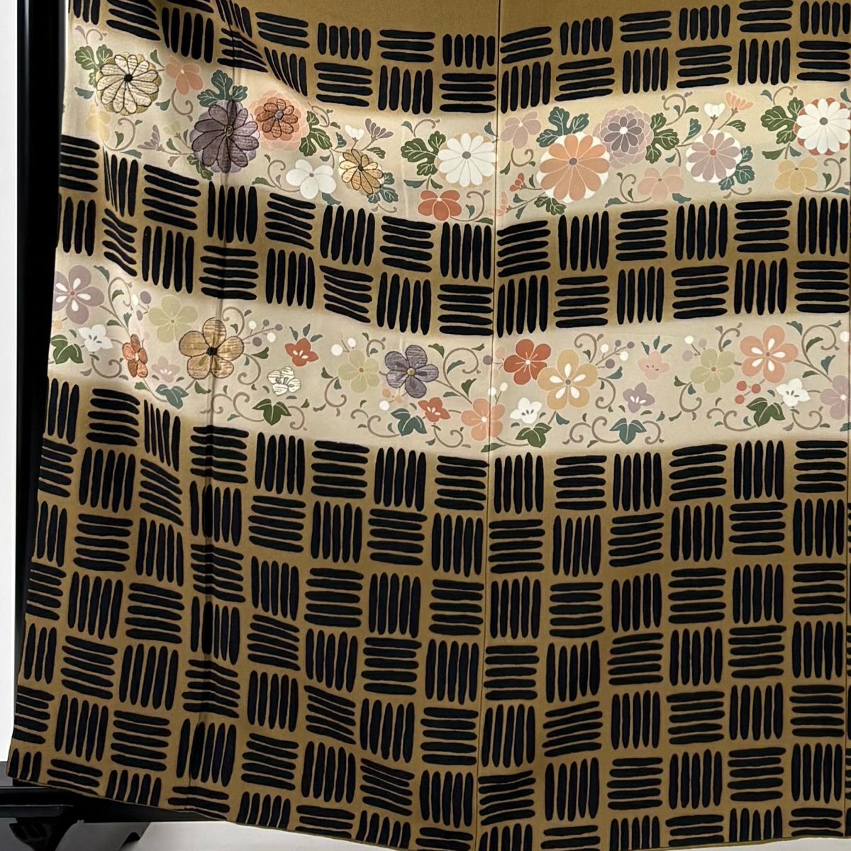 訪問服 身長163cm 袖長66cm M 雙層 花唐草紋 幾何圖案 刺繡 金銀彩 茶 純蠶絲 優品級