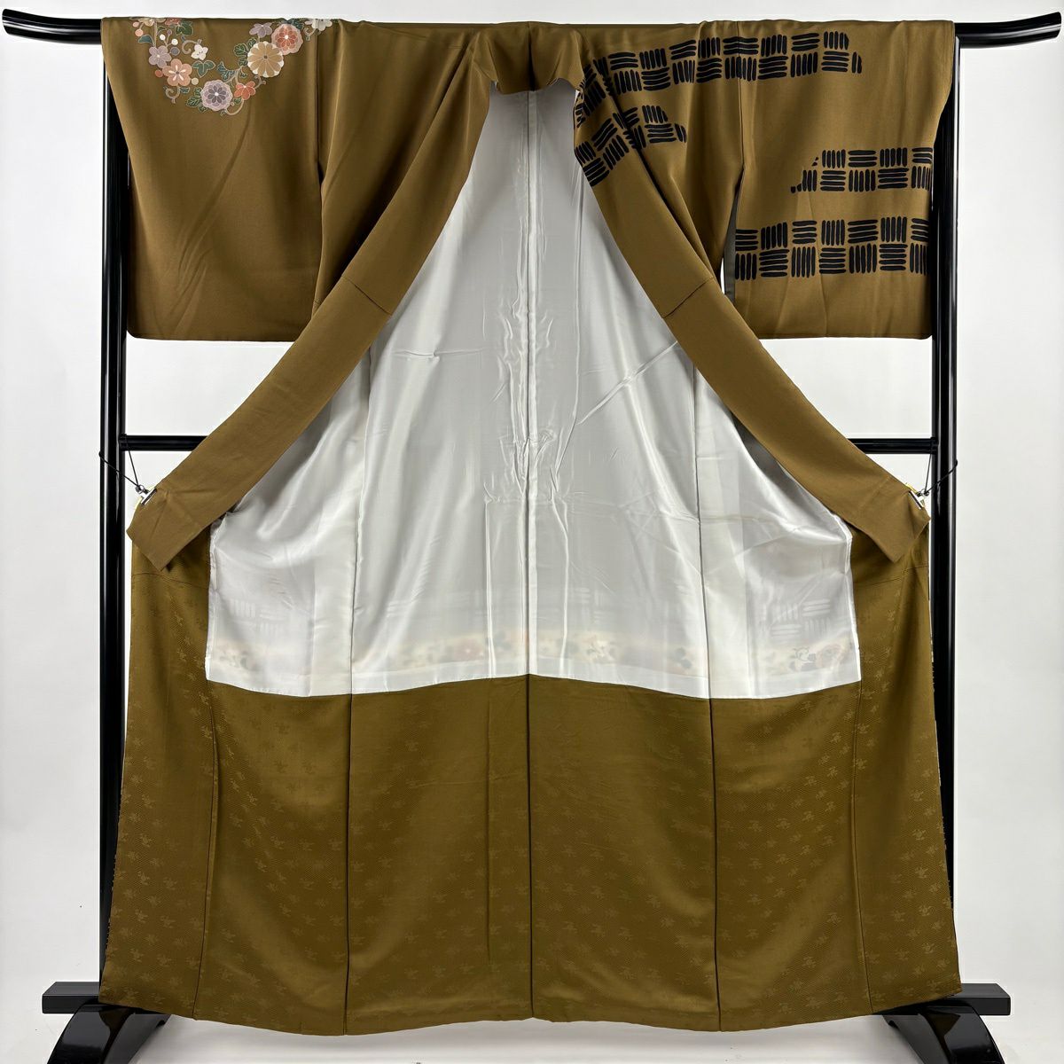 訪問服 身長163cm 袖長66cm M 雙層 花唐草紋 幾何圖案 刺繡 金銀彩 茶 純蠶絲 優品級