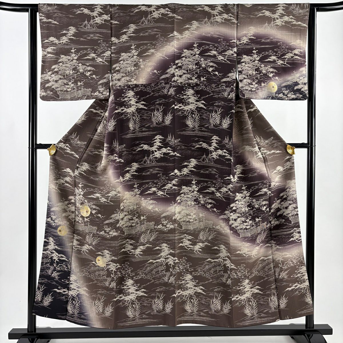 【美品】訪問服 身長154.5cm 袖長63cm S 雙層 月 松樹竹子梅花 刺繡 金彩裝飾 茶 純蠶絲 秀品級