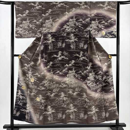 【美品】訪問服 身長154.5cm 袖長63cm S 雙層 月 松樹竹子梅花 刺繡 金彩裝飾 茶 純蠶絲 秀品級