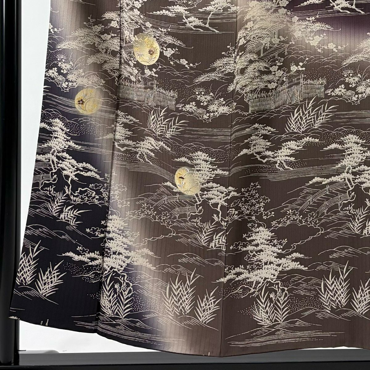 【美品】訪問服 身長154.5cm 袖長63cm S 雙層 月 松樹竹子梅花 刺繡 金彩裝飾 茶 純蠶絲 秀品級