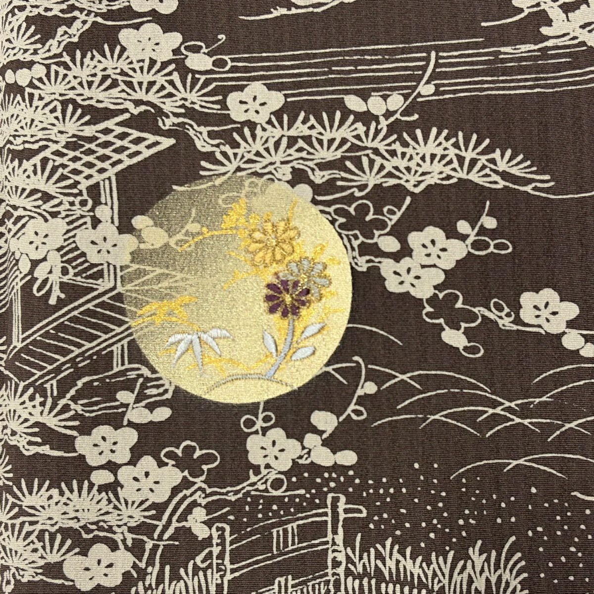 【美品】訪問服 身長154.5cm 袖長63cm S 雙層 月 松樹竹子梅花 刺繡 金彩裝飾 茶 純蠶絲 秀品級