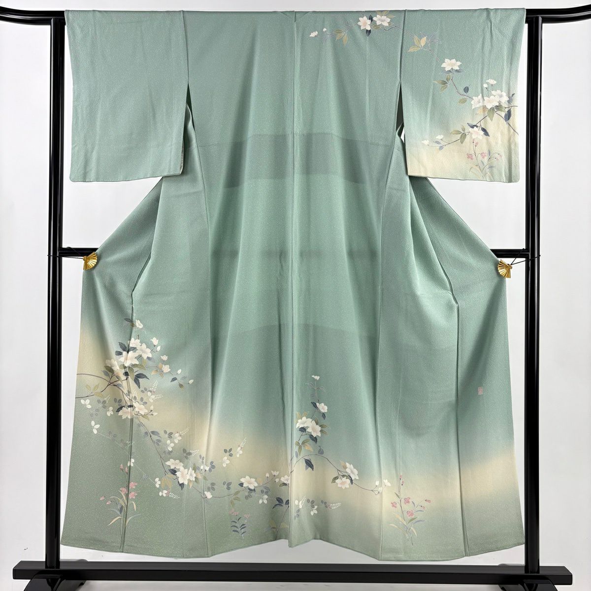 訪問服 身長151cm 袖長62cm S 雙層 落款あり 枝花 萩 漸層 薄綠 純蠶絲 秀品級