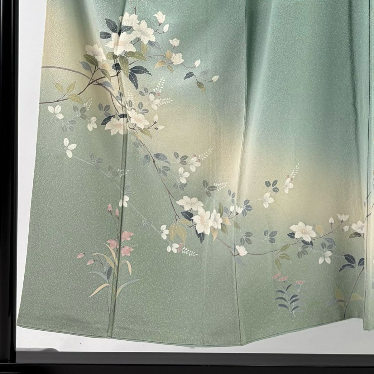 訪問服 身長151cm 袖長62cm S 雙層 落款あり 枝花 萩 漸層 薄綠 純蠶絲 秀品級
