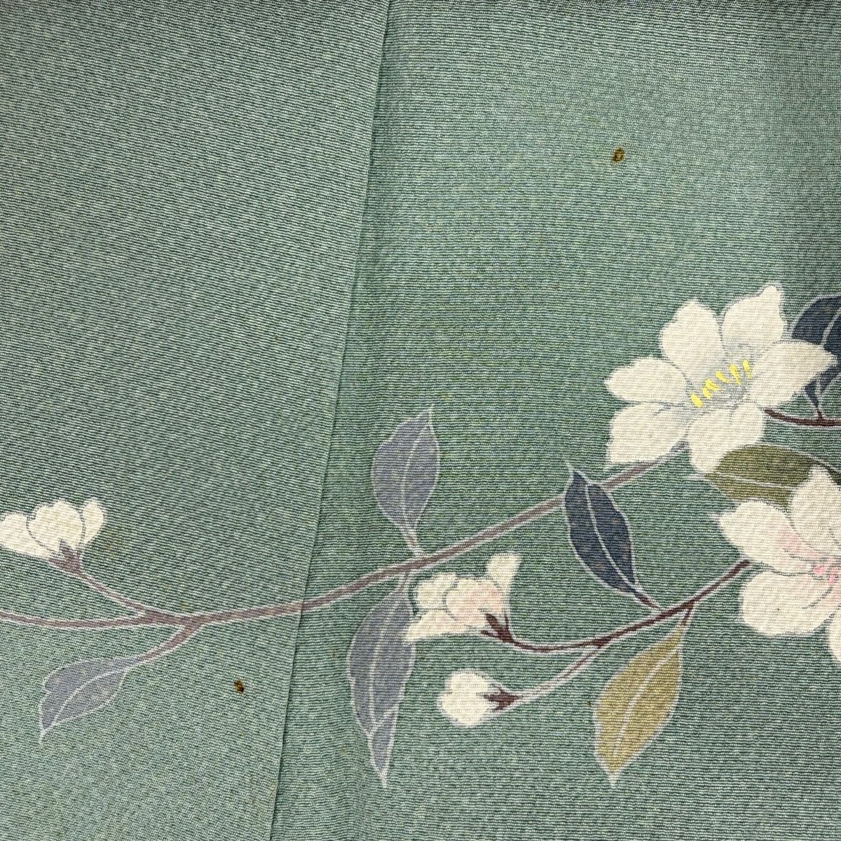 訪問服 身長151cm 袖長62cm S 雙層 落款あり 枝花 萩 漸層 薄綠 純蠶絲 秀品級