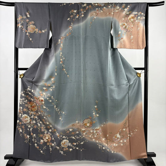 訪問服 身長161cm 袖長64.5cm M 雙層 雪輪 枝梅花 金彩裝飾 漸層 灰色 純蠶絲 優品級