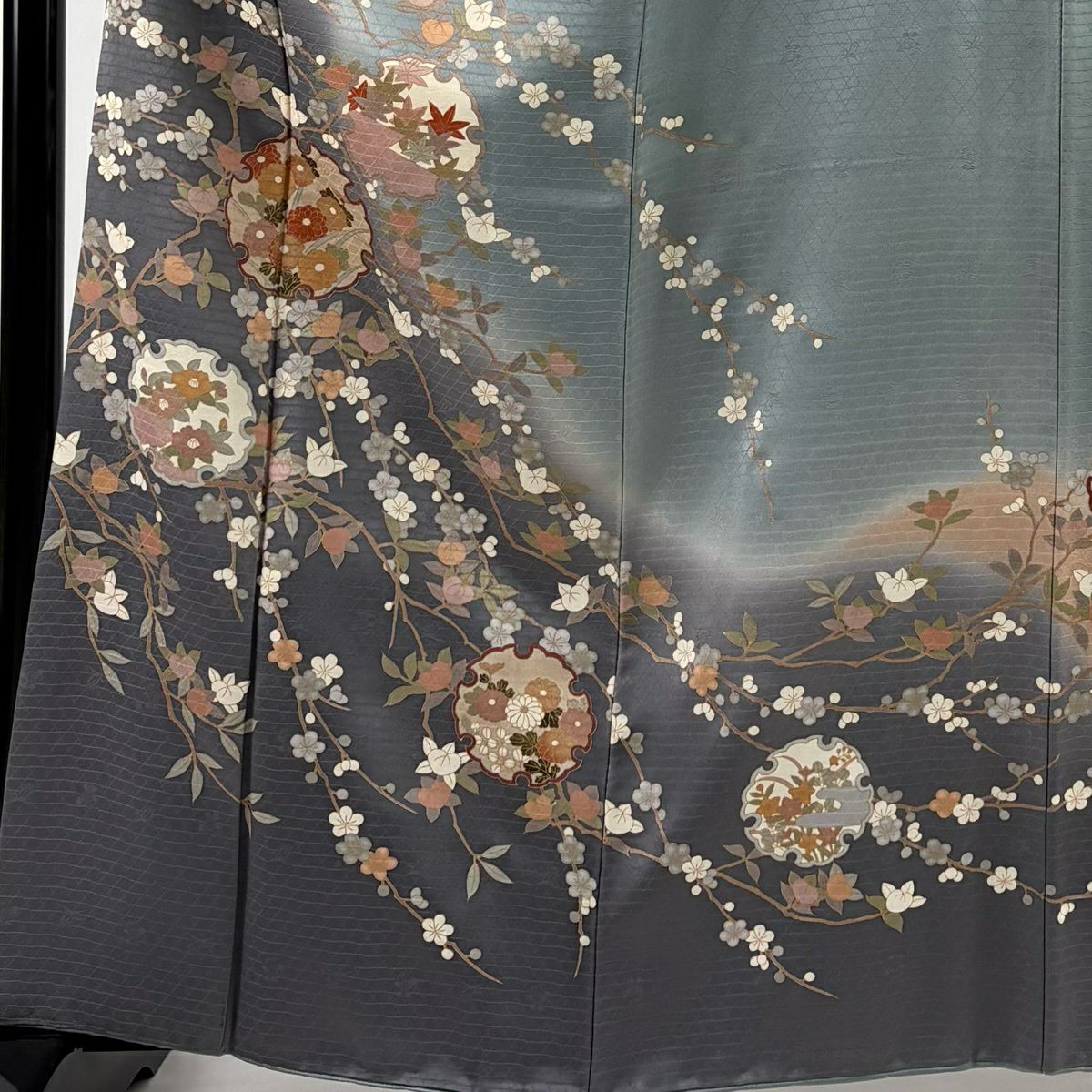 訪問服 身長161cm 袖長64.5cm M 雙層 雪輪 枝梅花 金彩裝飾 漸層 灰色 純蠶絲 優品級