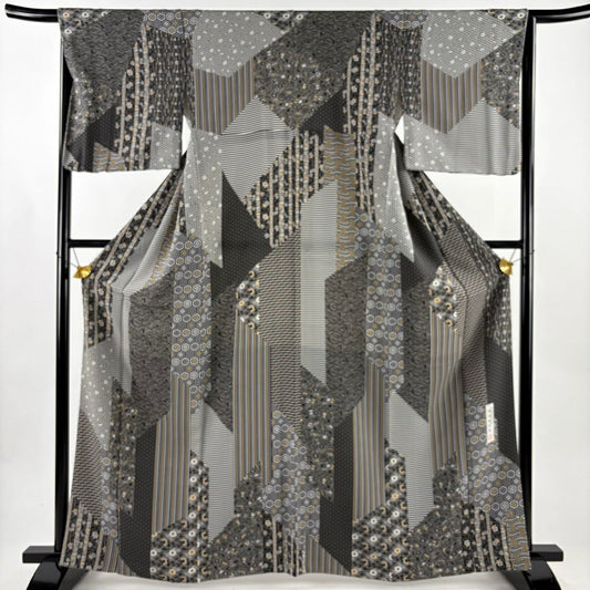 【美品】訪問服 身長162.5cm 袖長65cm M 雙層 落款あり 寶盡くし 縞 灰色 純蠶絲 秀品級