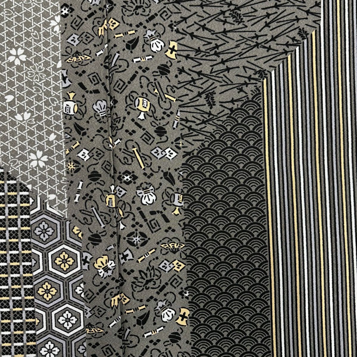 【美品】訪問服 身長162.5cm 袖長65cm M 雙層 落款あり 寶盡くし 縞 灰色 純蠶絲 秀品級