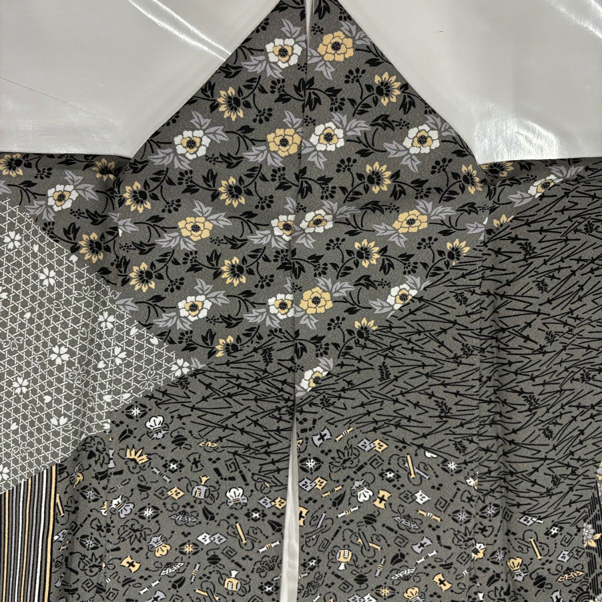 【美品】訪問服 身長162.5cm 袖長65cm M 雙層 落款あり 寶盡くし 縞 灰色 純蠶絲 秀品級