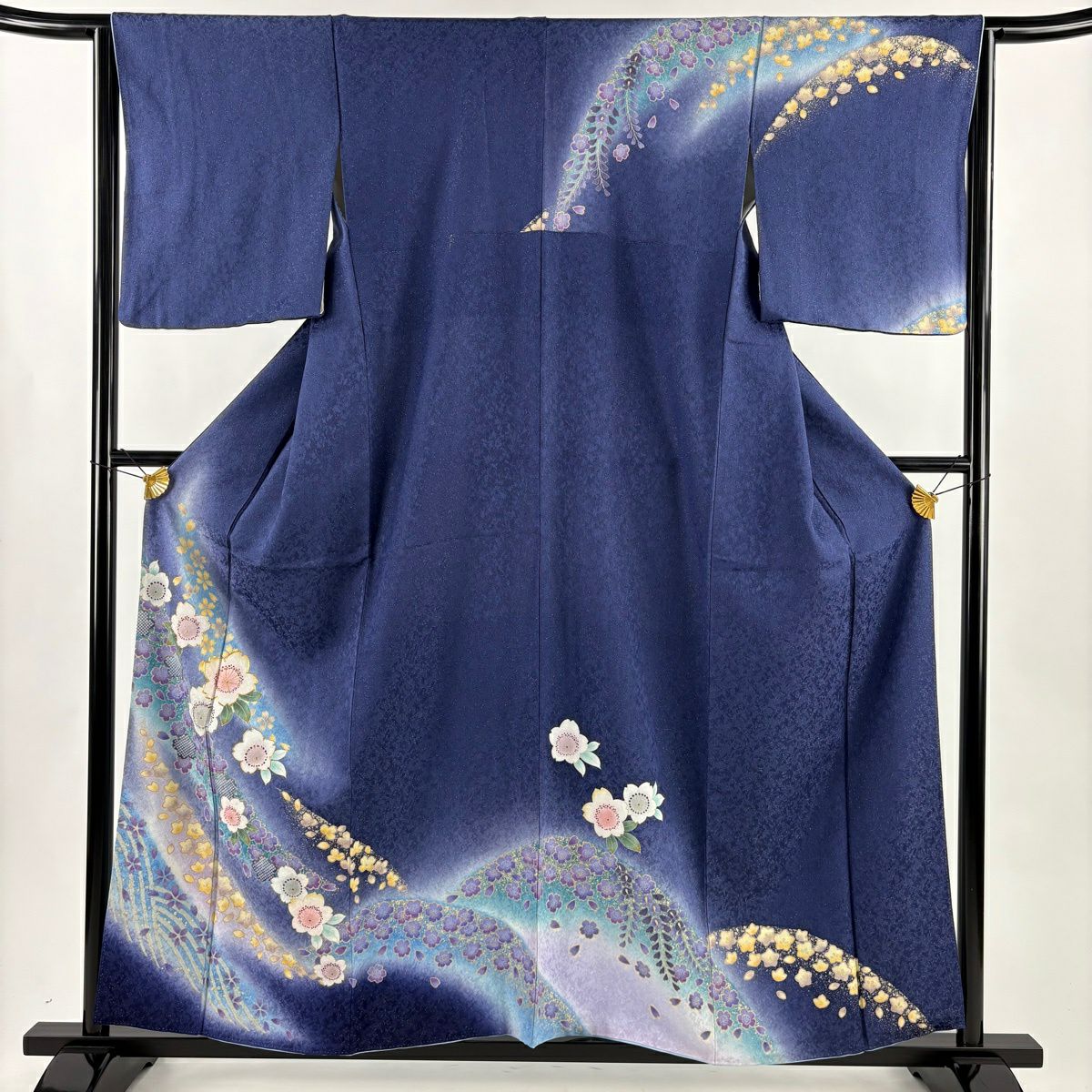 【美品】訪問服 身長157.5cm 袖長64cm M 雙層 櫻花 波紋 金銀彩 藍紫 純蠶絲 優品級