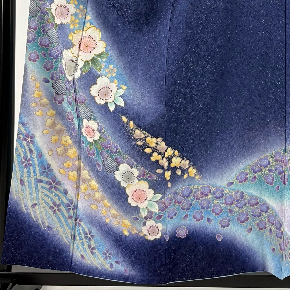 【美品】訪問服 身長157.5cm 袖長64cm M 雙層 櫻花 波紋 金銀彩 藍紫 純蠶絲 優品級