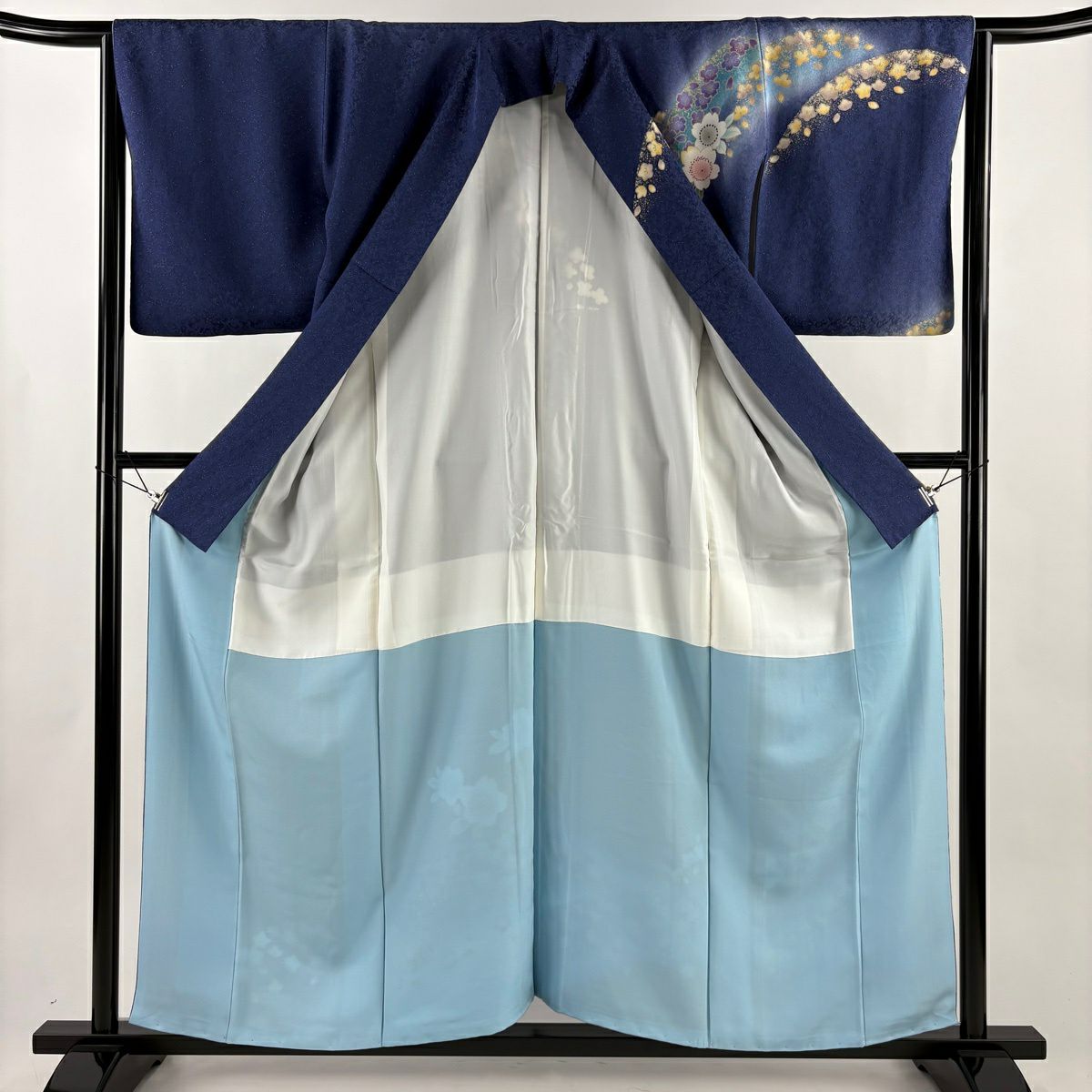 【美品】訪問服 身長157.5cm 袖長64cm M 雙層 櫻花 波紋 金銀彩 藍紫 純蠶絲 優品級