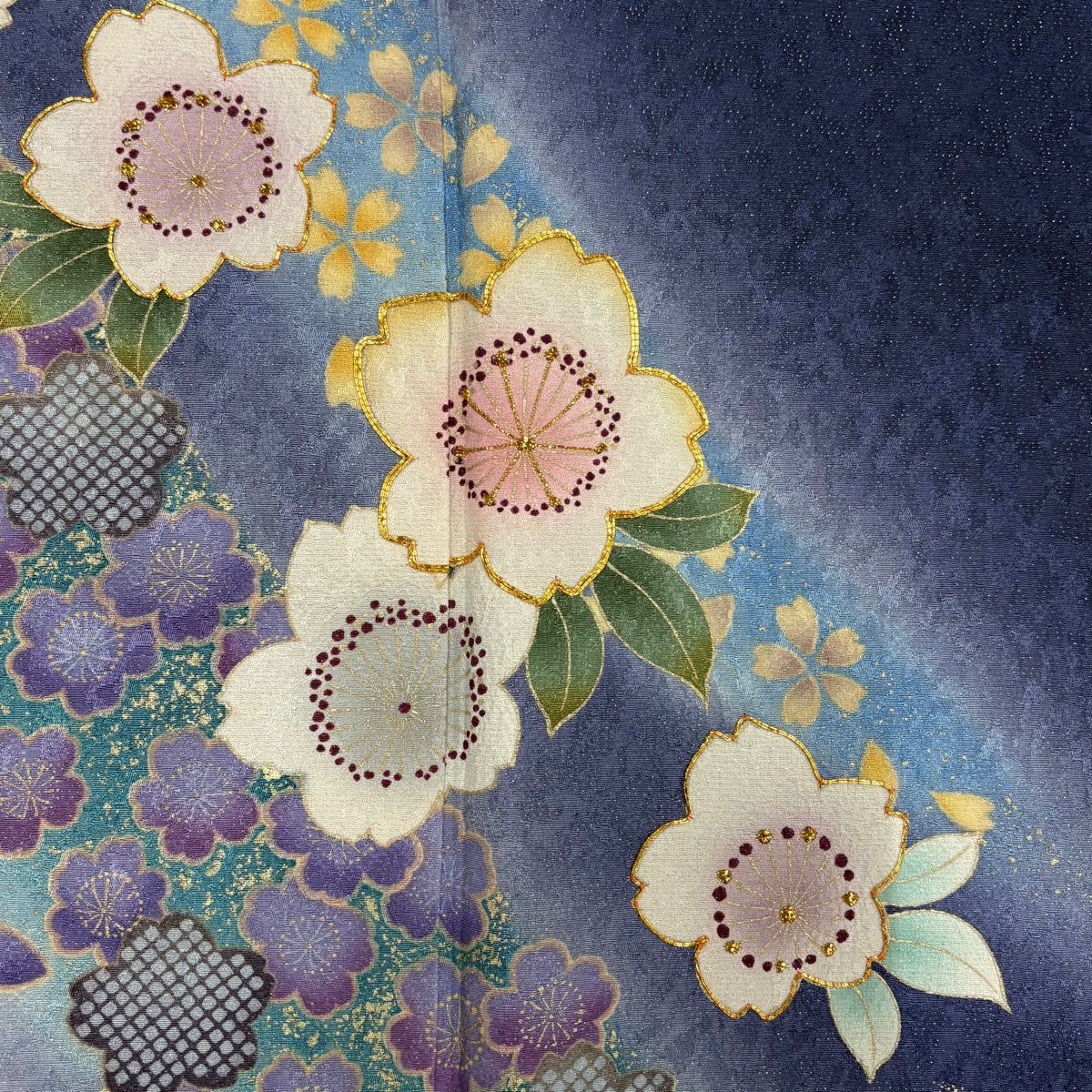 【美品】訪問服 身長157.5cm 袖長64cm M 雙層 櫻花 波紋 金銀彩 藍紫 純蠶絲 優品級