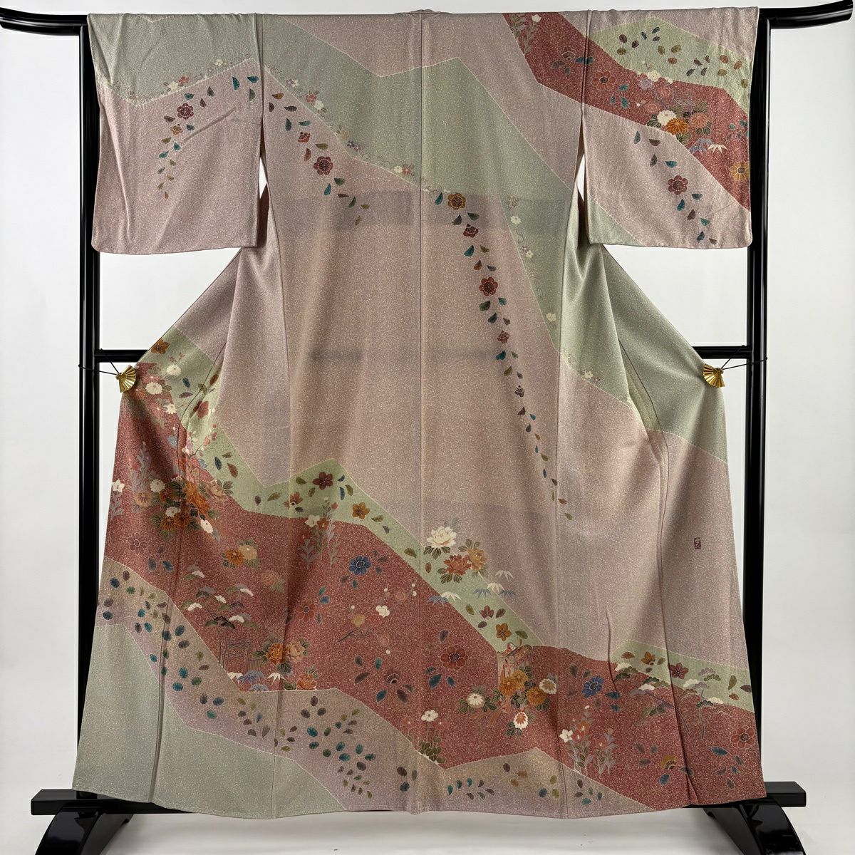 訪問服 身長159cm 袖長64.5cm M 雙層 落款あり 御所車 松樹竹子梅花 金銀彩 灰櫻 純蠶絲 秀品級
