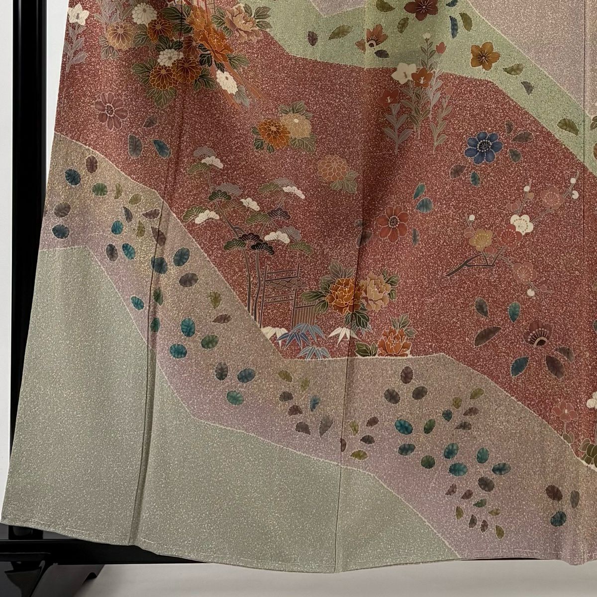 訪問服 身長159cm 袖長64.5cm M 雙層 落款あり 御所車 松樹竹子梅花 金銀彩 灰櫻 純蠶絲 秀品級