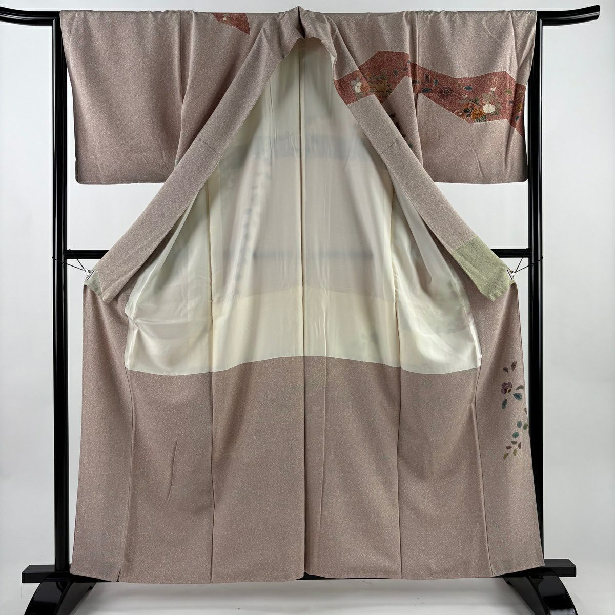 訪問服 身長159cm 袖長64.5cm M 雙層 落款あり 御所車 松樹竹子梅花 金銀彩 灰櫻 純蠶絲 秀品級