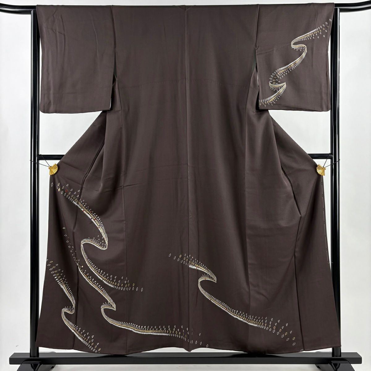 訪問服 身長155.5cm 袖長65.5cm M 雙層 幾何學圖案 刺繡 金彩裝飾 焦茶 純蠶絲 秀品級