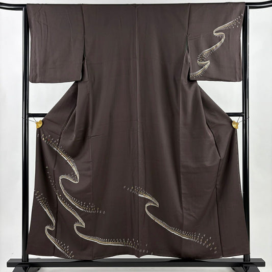 訪問服 身長155.5cm 袖長65.5cm M 雙層 幾何學圖案 刺繡 金彩裝飾 焦茶 純蠶絲 秀品級