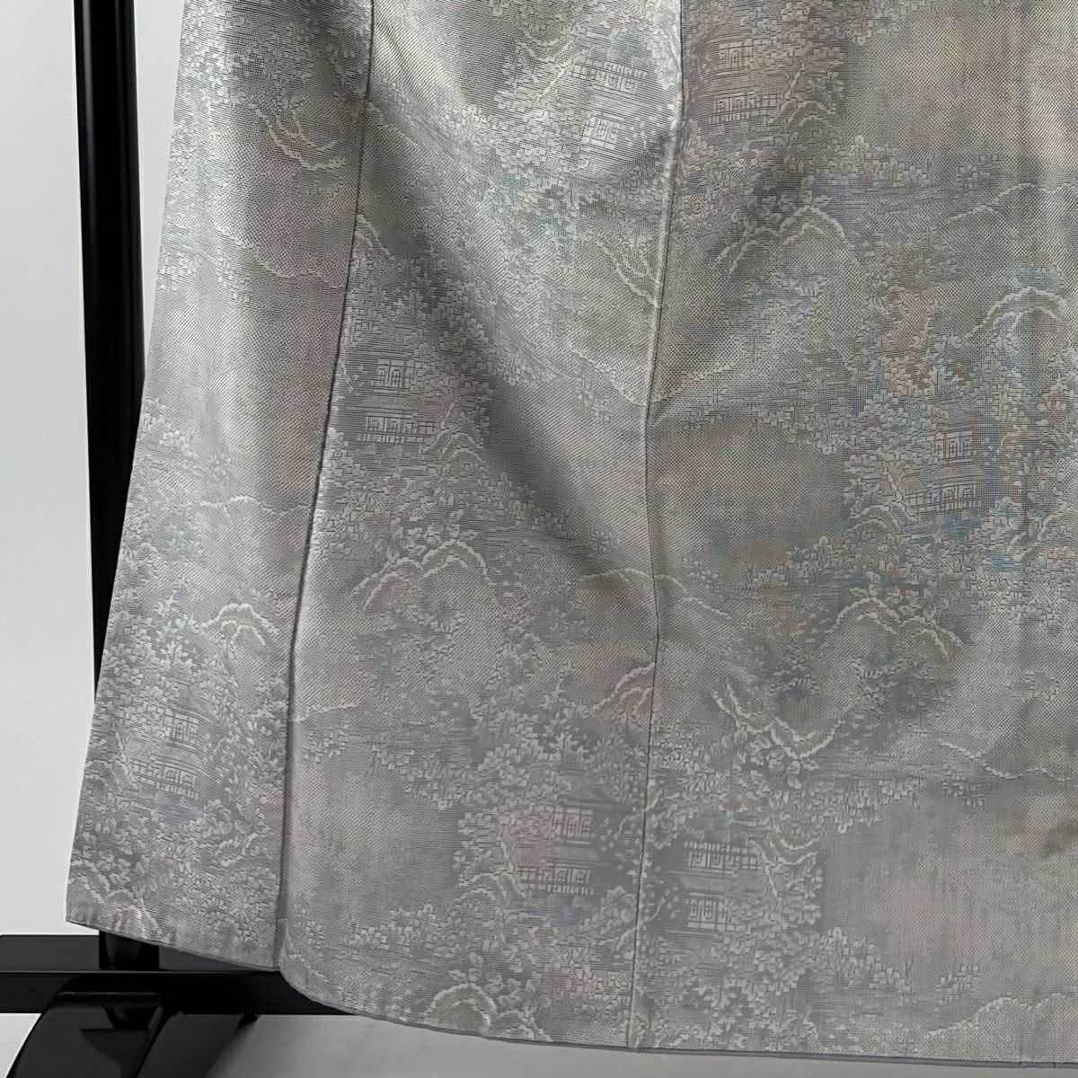 紬織 身長161.5cm 袖長65cm M 雙層 建物 草花紋 綠灰 純蠶絲 秀品級