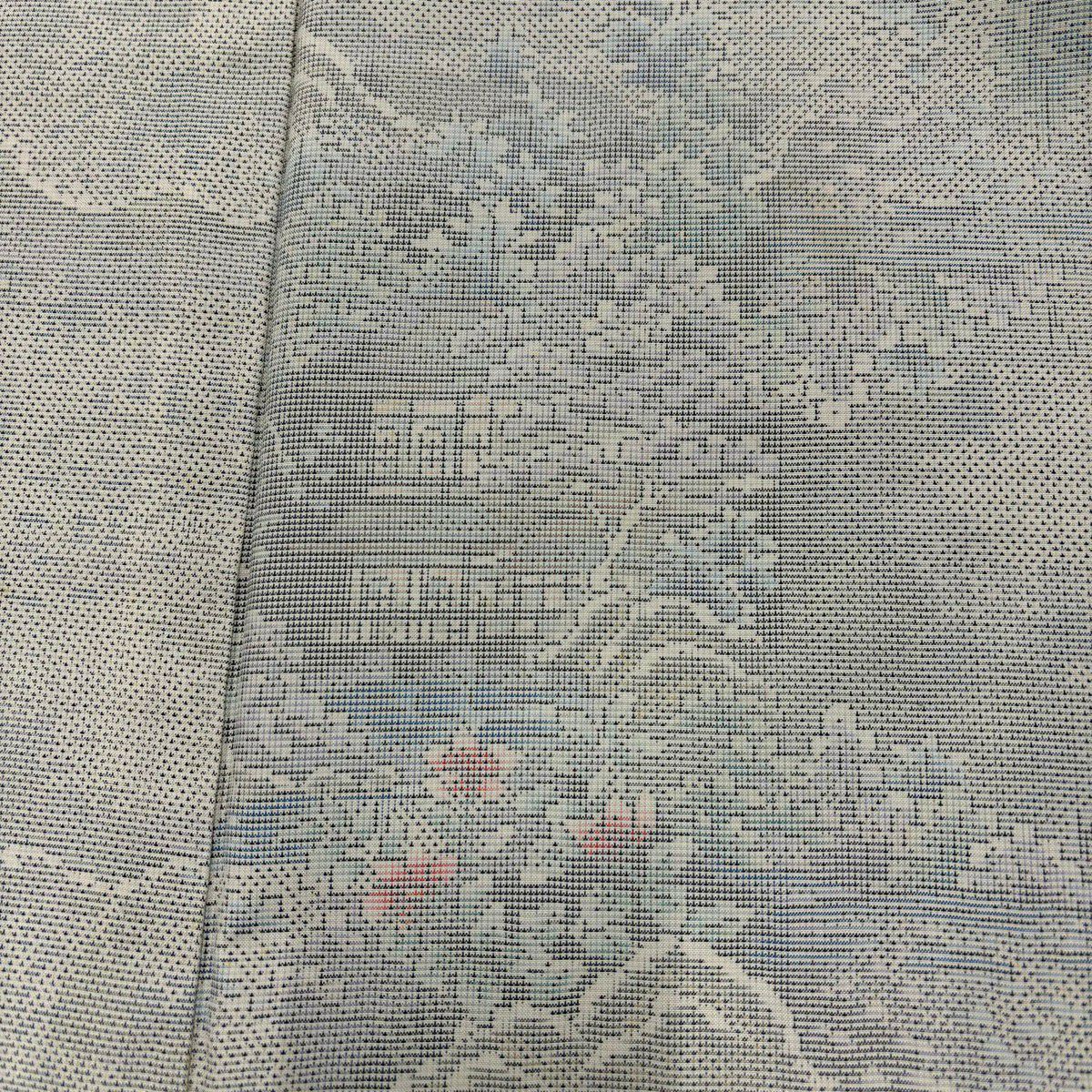 紬織 身長161.5cm 袖長65cm M 雙層 建物 草花紋 綠灰 純蠶絲 秀品級