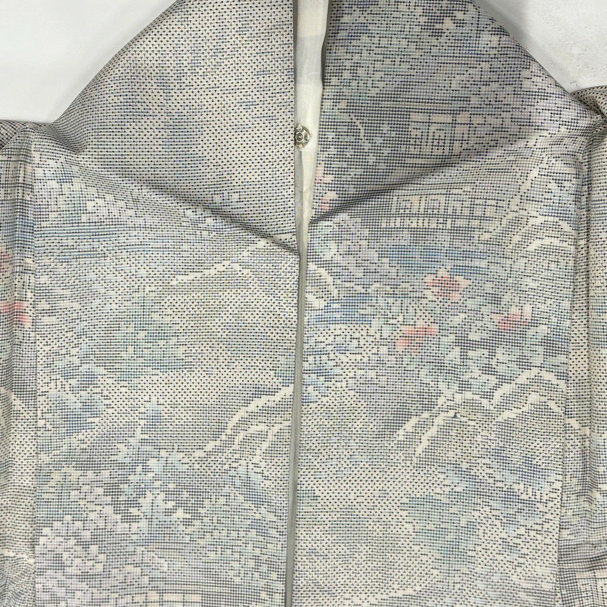 紬織 身長161.5cm 袖長65cm M 雙層 建物 草花紋 綠灰 純蠶絲 秀品級