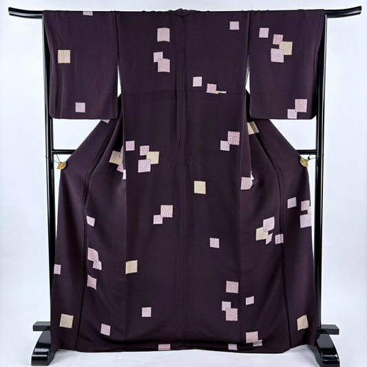 小紋 身長170.5cm 袖長65cm M 雙層 四角 疋田 金銀彩 絞緞 茶紫 純蠶絲 秀品級