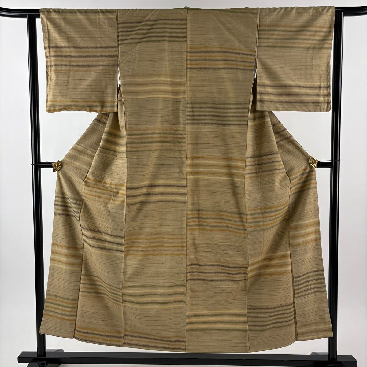 【美品】 紬織 身長152.5cm 袖長62.5cm S 雙層 縞 山吹茶 純蠶絲 秀品級
