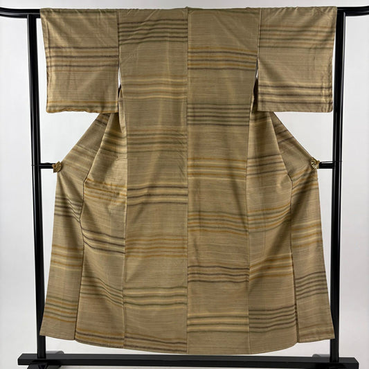 【美品】 紬織 身長152.5cm 袖長62.5cm S 雙層 縞 山吹茶 純蠶絲 秀品級