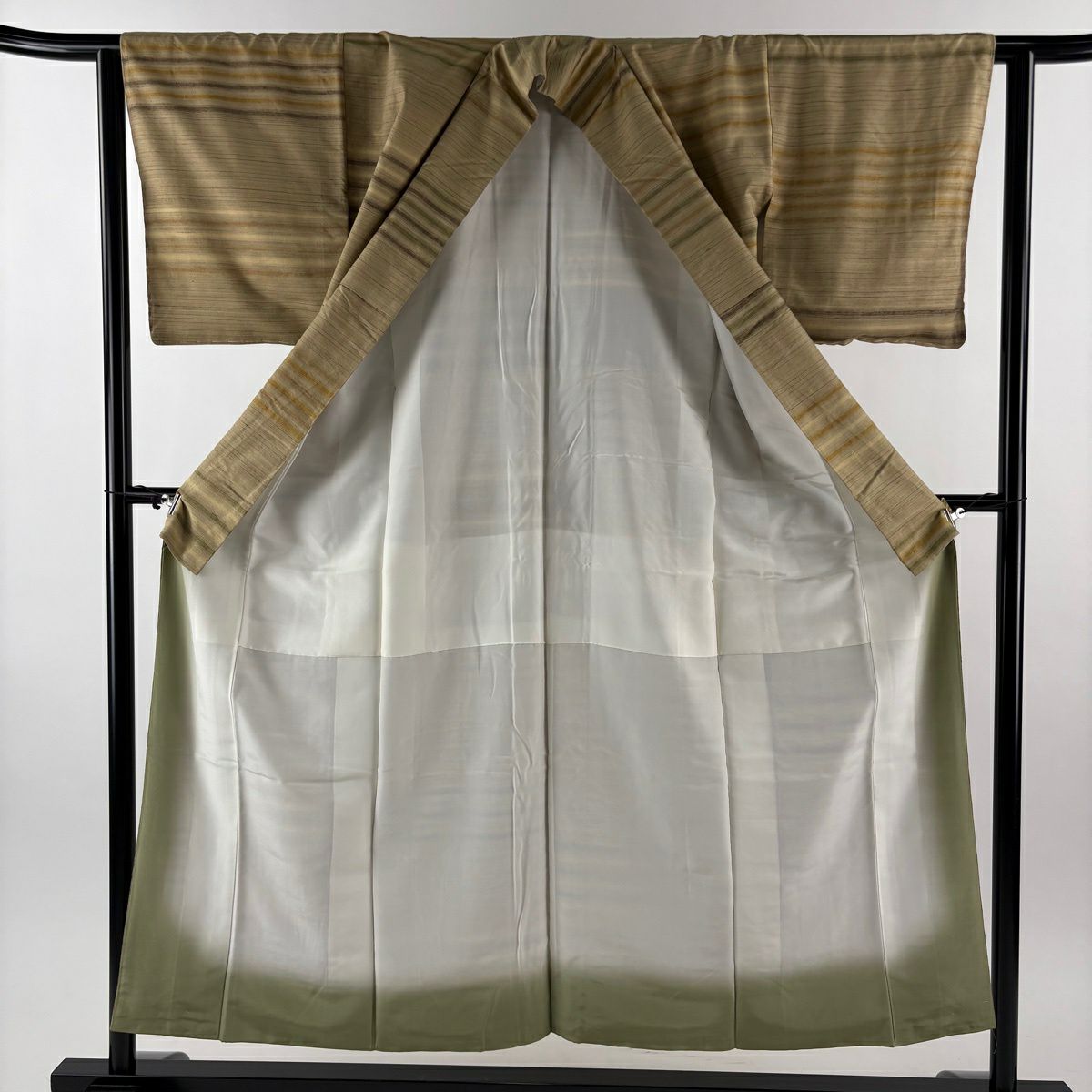 【美品】 紬織 身長152.5cm 袖長62.5cm S 雙層 縞 山吹茶 純蠶絲 秀品級