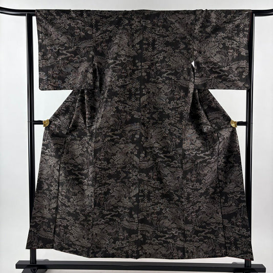 紬織 身長154cm 袖長63.5cm S 雙層 松樹竹子梅花 家屋 焦茶 純蠶絲 秀品級