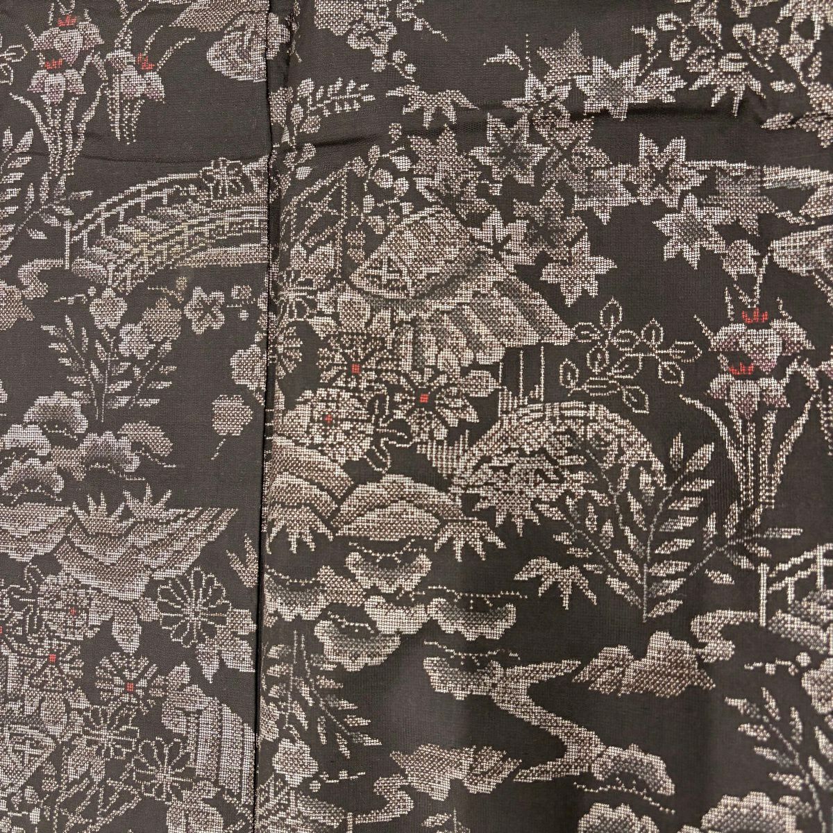 紬織 身長154cm 袖長63.5cm S 雙層 松樹竹子梅花 家屋 焦茶 純蠶絲 秀品級