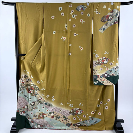 振袖禮服 身長172cm 袖長66cm M 雙層 扇子面 草花紋紋 金絲 金銀彩 黃土 茶 純蠶絲 秀品級